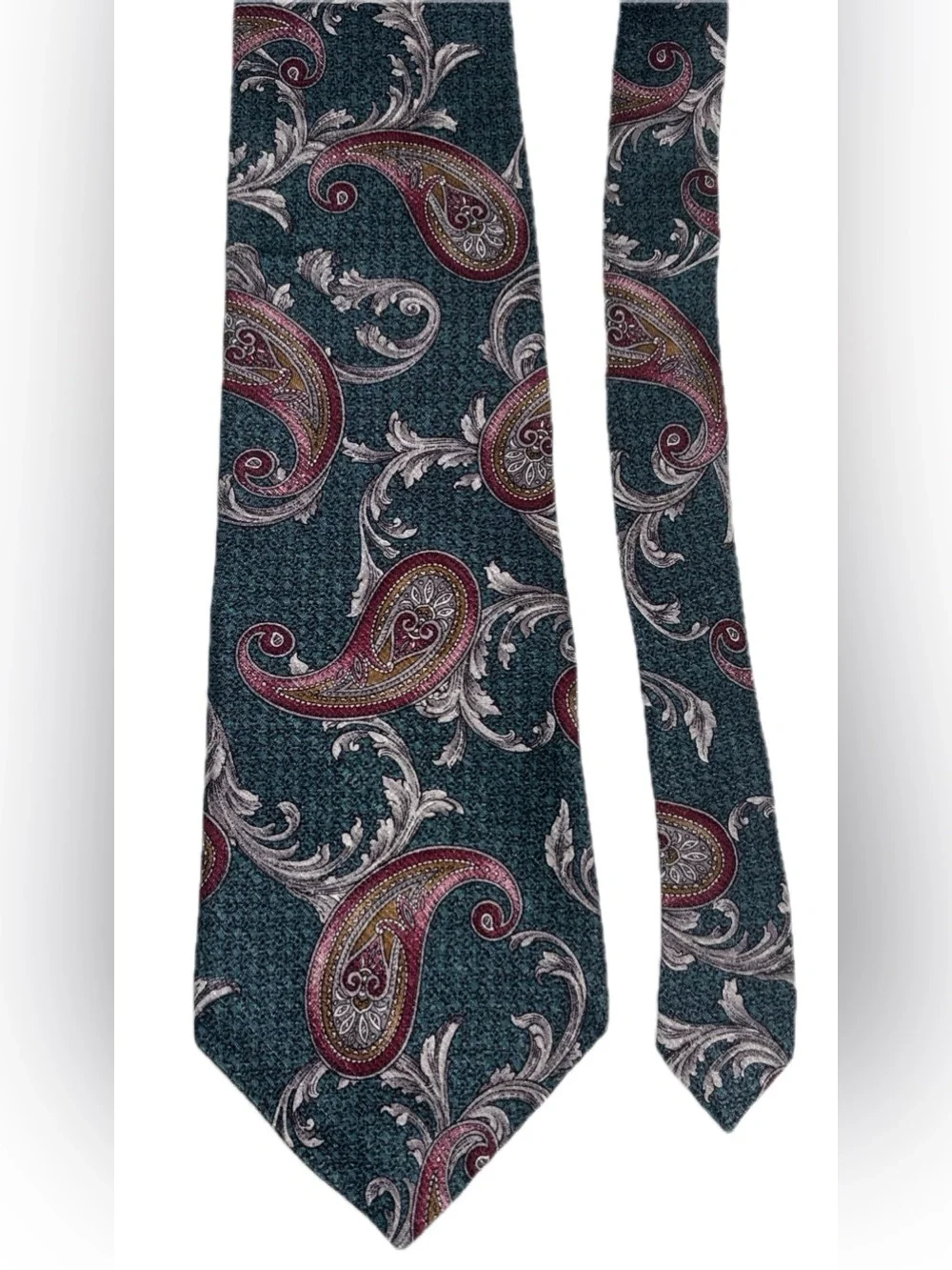EVAN PICONE Paisley in Teal Green, Gray, and Pink/Cranberry Silk Tie